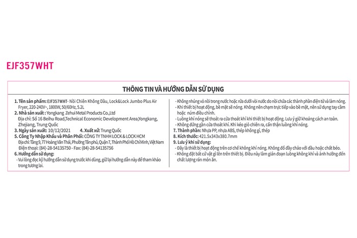 Nồi chiên không dầu Lock&Lock 5.2 lít EJF357WHT Màu Trắng