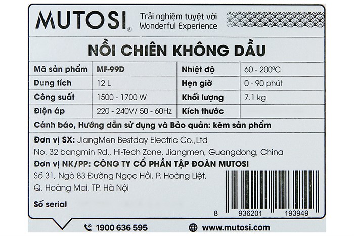 Lò chiên không dầu Mutosi MF-99D 12 lít Màu Xanh