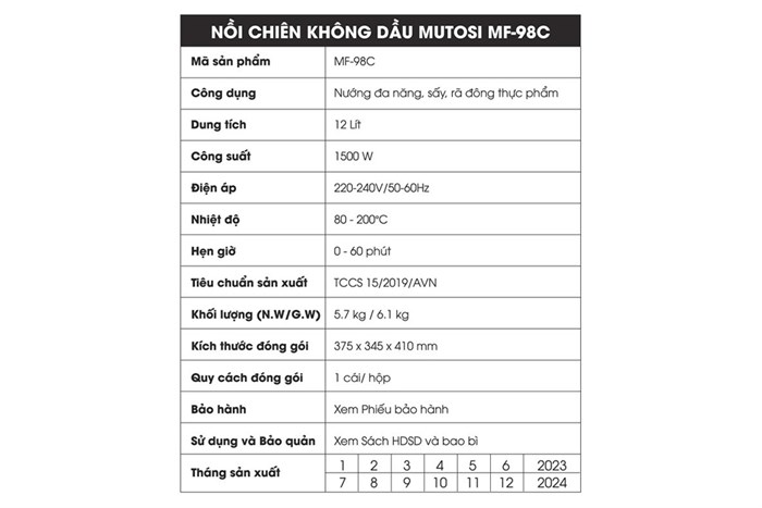 Lò chiên không dầu Mutosi MF-98C 12 lít Màu Xanh