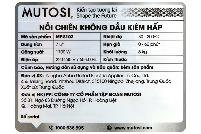 Nồi chiên không dầu kiêm hấp Mutosi MF-S102 7 lít Màu Đen
