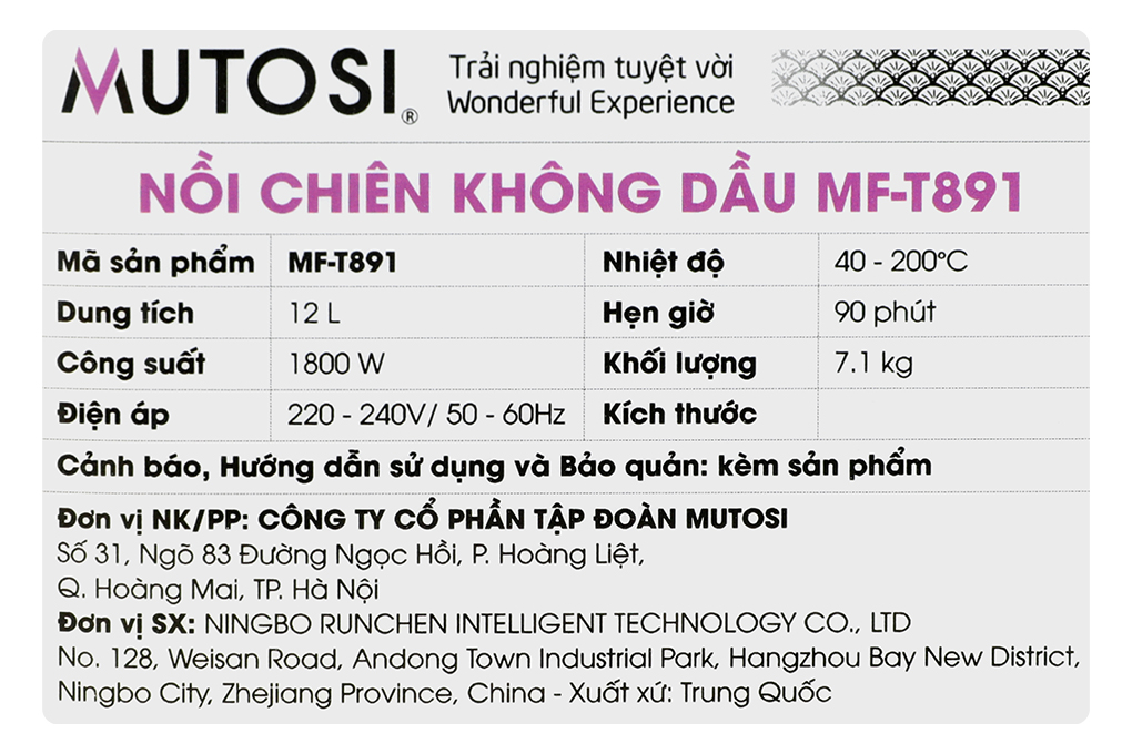 Lò chiên không dầu Mutosi MF-T891 12 lít Màu Đen