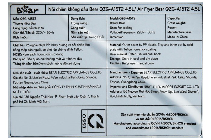 Nồi chiên không dầu Bear 4.5 lít QZG-A15T2 Màu Xanh đen