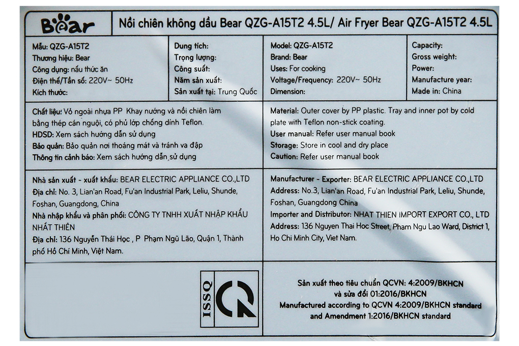 Nồi chiên không dầu Bear 4.5 lít QZG-A15T2 Màu Xanh đen