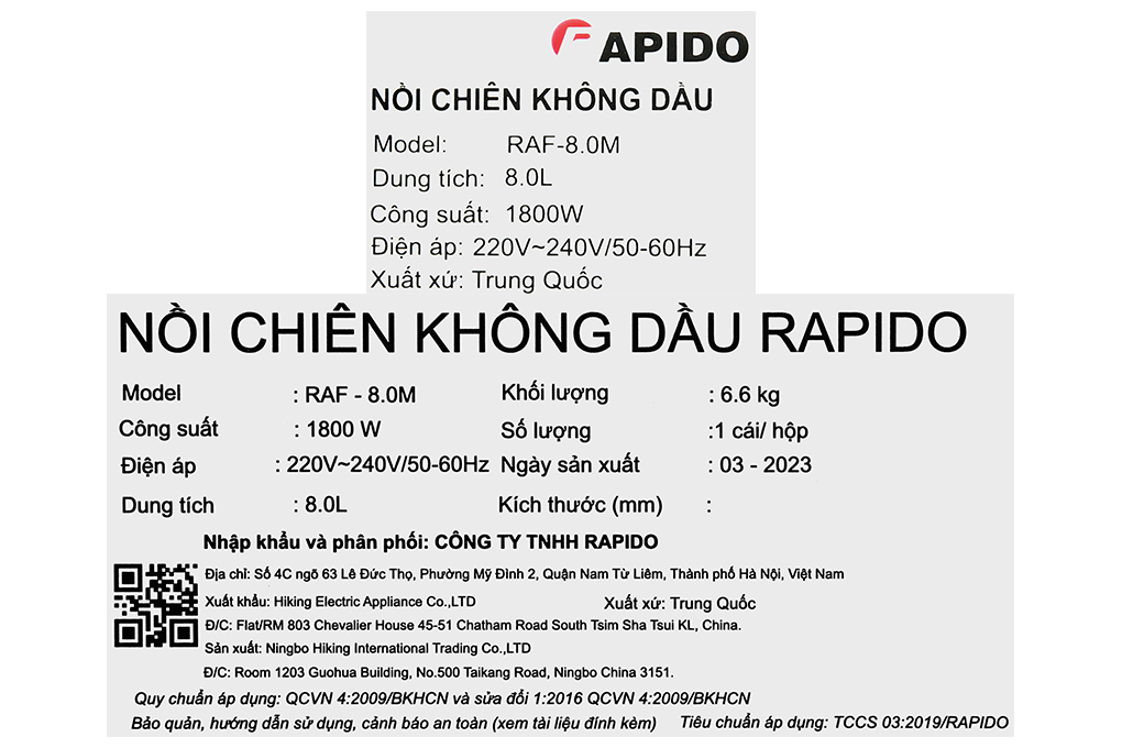Nồi chiên không dầu Rapido RAF-8.0M 8 lít Màu Đen - Bạc