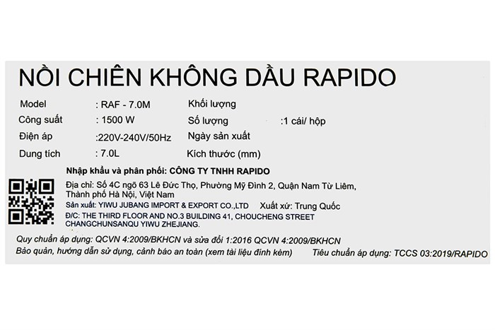 Nồi chiên không dầu Rapido RAF-7.0M 7 lít Màu Đen - Bạc
