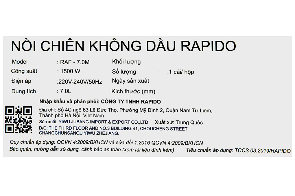 Nồi chiên không dầu Rapido RAF-7.0M 7 lít Màu Đen - Bạc