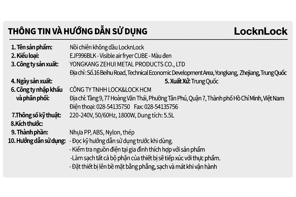 Nồi chiên không dầu Lock&Lock 5.5 lít EJF996BLK Màu Đen