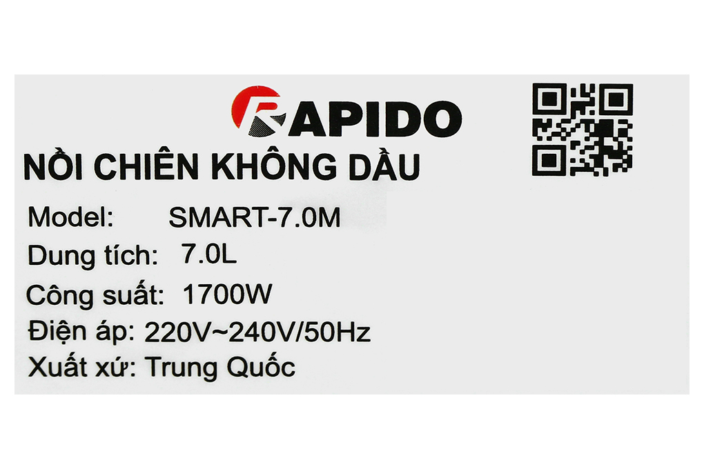 Nồi chiên không dầu Rapido SMART-7.0M 7 lít Màu Đen - Bạc
