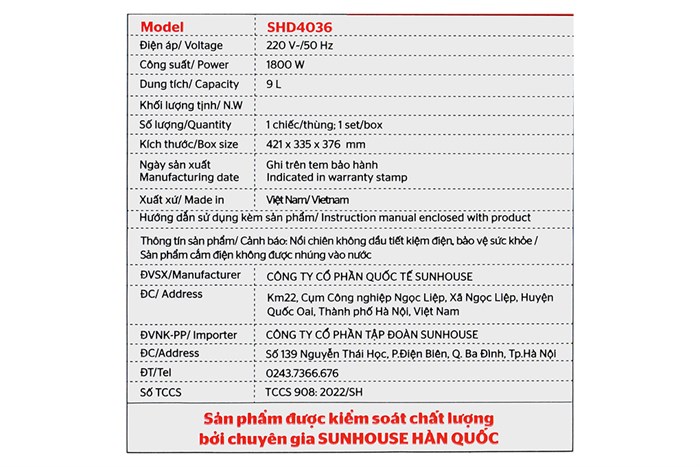 Nồi chiên không dầu Sunhouse 9 lít SHD4036 Màu Đen