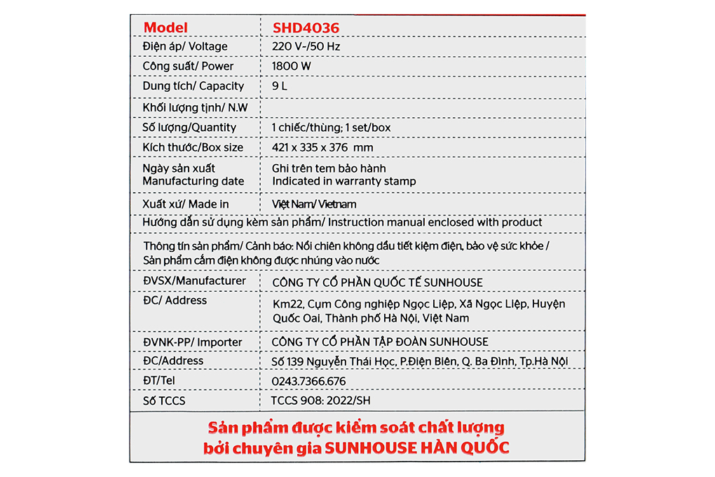 Nồi chiên không dầu Sunhouse 9 lít SHD4036 Màu Đen