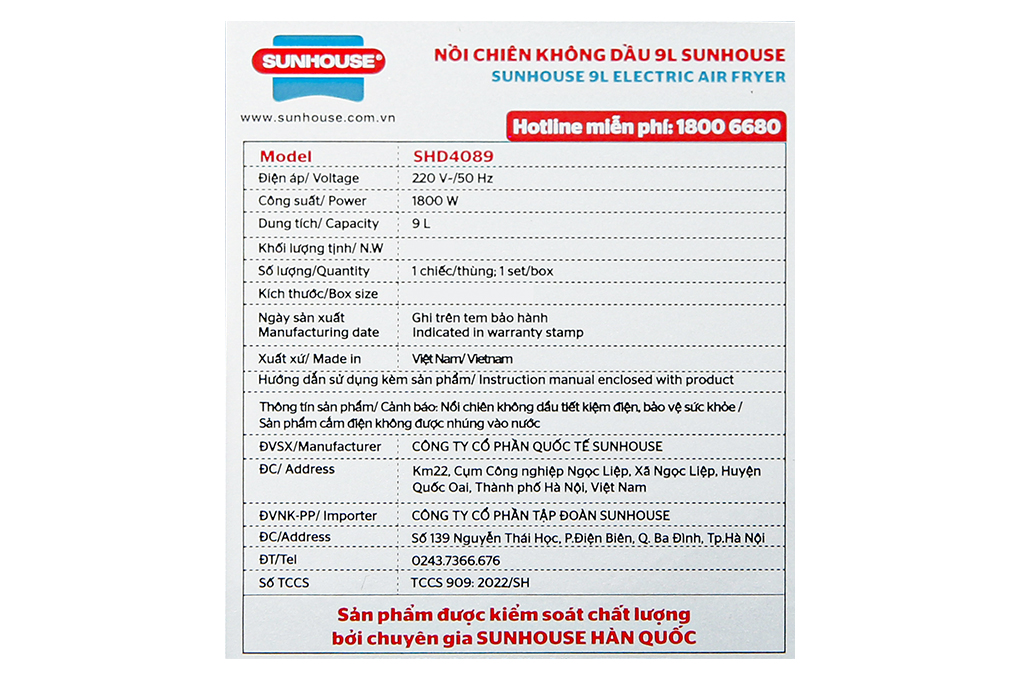 Nồi chiên không dầu Sunhouse SHD4089 9 lít Màu Đen