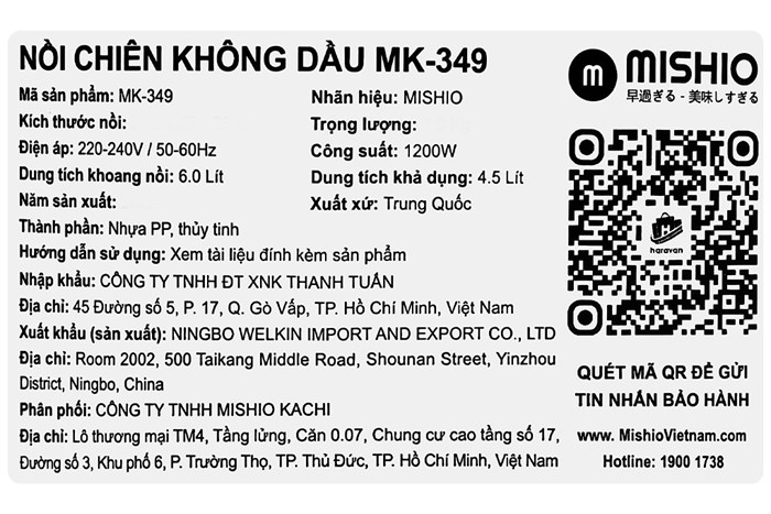 Nồi chiên không dầu Mishio 6 lít MK-349 Màu Đen