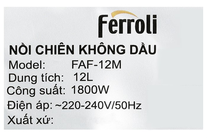 Lò chiên không dầu Ferroli 12 lít FAF-12M Màu Đen