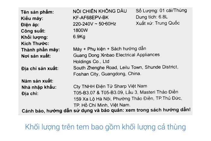 Nồi chiên không dầu Sharp 6.8 lít KF-AF68EPV-BK Màu Đen