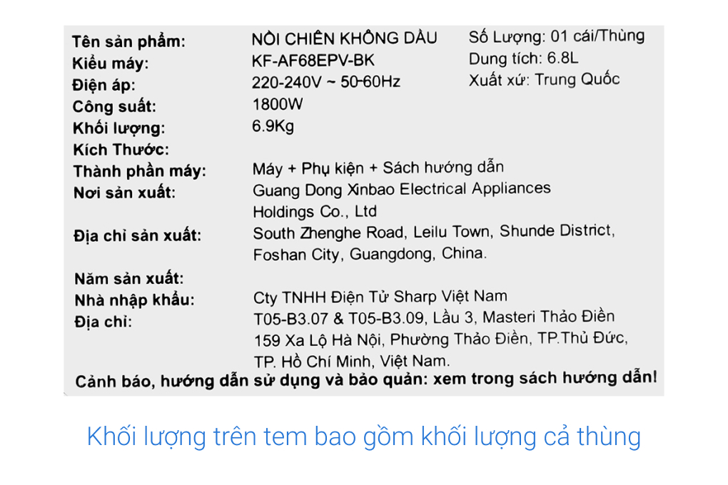 Nồi chiên không dầu Sharp 6.8 lít KF-AF68EPV-BK Màu Đen