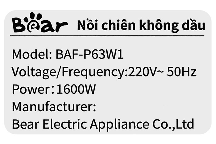 Nồi chiên không dầu Bear 6 lít BAF-P63W1 Màu Kem