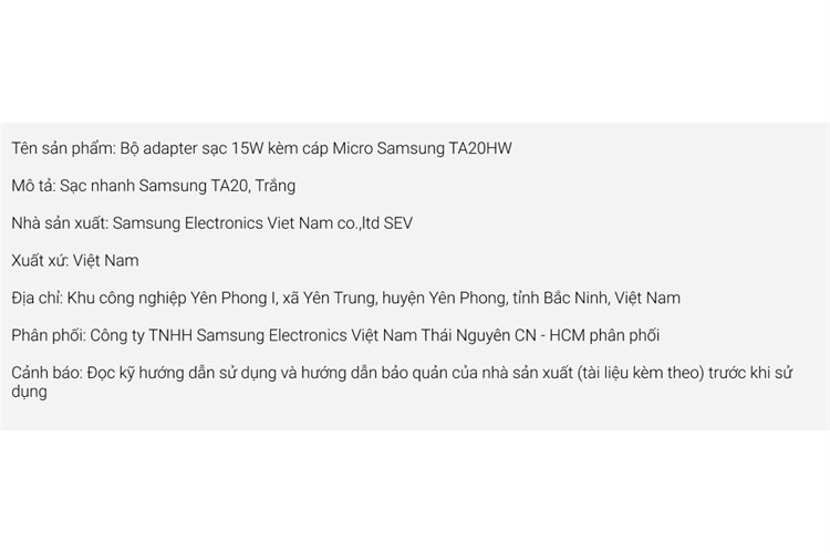 Bộ adapter sạc 15W kèm cáp Micro Samsung TA20HW Màu Trắng
