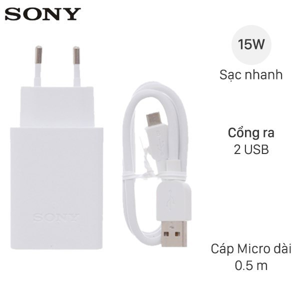Bộ adapter sạc 2 cổng USB kèm Cáp Micro 50cm 15W Sony CP-AD2M2