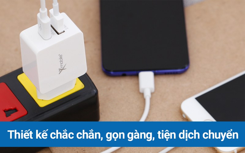 Adapter Sạc 2 cổng USB 2.4A Type-C 3A Xmobile DS165 Trắng - Thiết kế gọn nhẹ, năng động, màu trắng thanh lịch