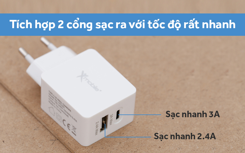 Adapter Sạc 2 cổng USB 2.4A Type-C 3A Xmobile DS165 Trắng - Sạc nhanh chóng