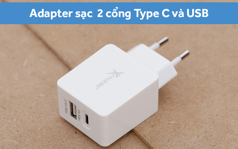 Adapter Sạc 2 cổng USB 2.4A Type-C 3A Xmobile DS165 Trắng - Có 2 cổng kết nối Type-C và USB