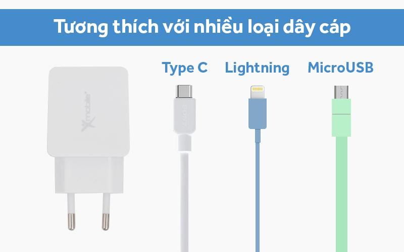 Adapter Sạc 2 cổng USB 2.4A Type-C 3A Xmobile DS165 Trắng - Kết nối với đa dạng cáp sạc