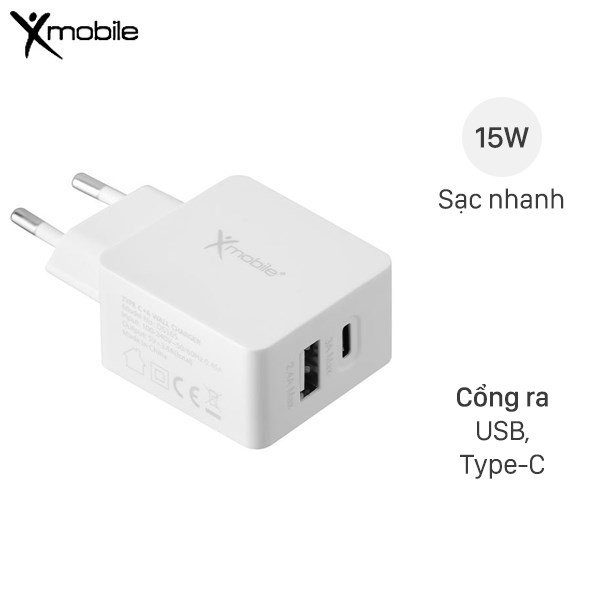 Adapter sạc 2 cổng USB Type-C 15W Xmobile DS165 Trắng