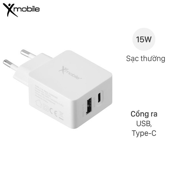 Adapter sạc 2 cổng USB Type-C 15W Xmobile DS165 Trắng