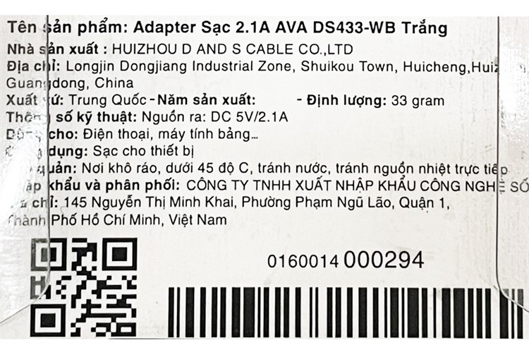 Adapter sạc USB 10.5W AVA DS433-WB Màu Trắng