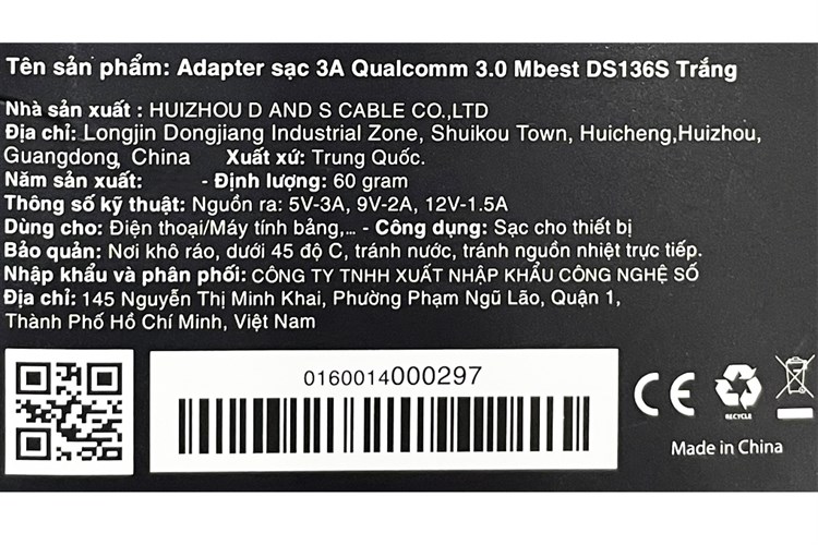Adapter sạc USB Qualcomm 3.0 18W Mbest DS136S Màu Trắng