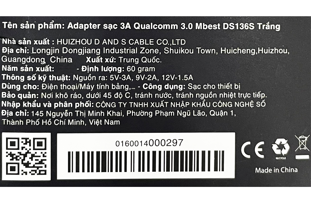 Adapter sạc USB Qualcomm 3.0 18W Mbest DS136S Trắng