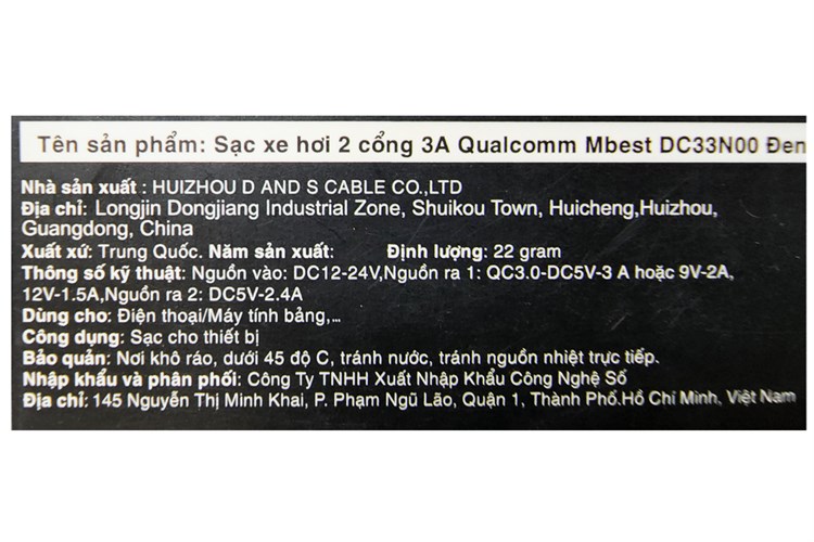 Sạc xe hơi 2 cổng USB Qualcomm 18W Mbest DC33N00 Màu Đen