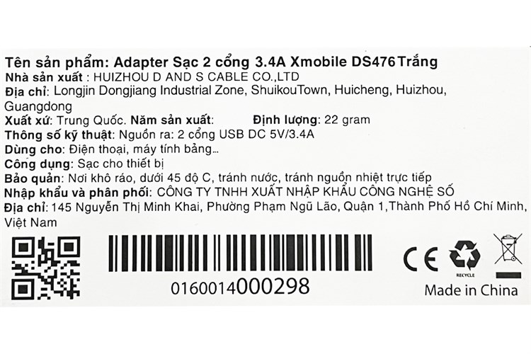 Adapter sạc 2 cổng USB 12W Xmobile DS476 Màu Trắng