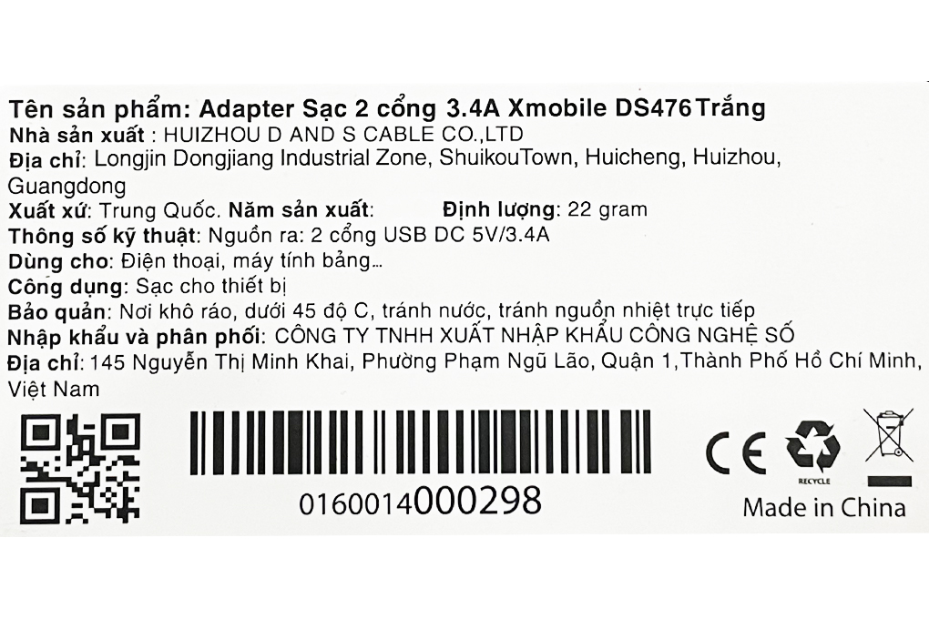 Adapter sạc 2 cổng USB 12W Xmobile DS476 Trắng