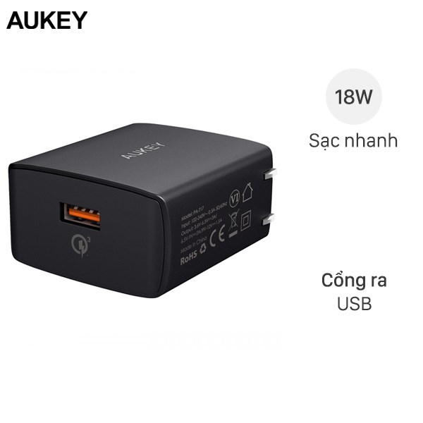 Adapter sạc USB Qualcomm 3.0 18W AUKEY PA-T17 Đen