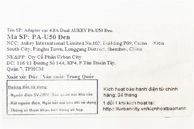 Adapter sạc USB 12W Dual AUKEY PA-U50 Màu Đen
