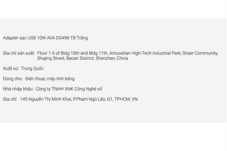 Adapter sạc USB 10W AVA DS498-TB Màu Trắng