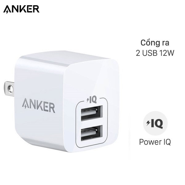 Adapter sạc USB 12W Dual Anker PowerPort Mini - A2620 Trắng