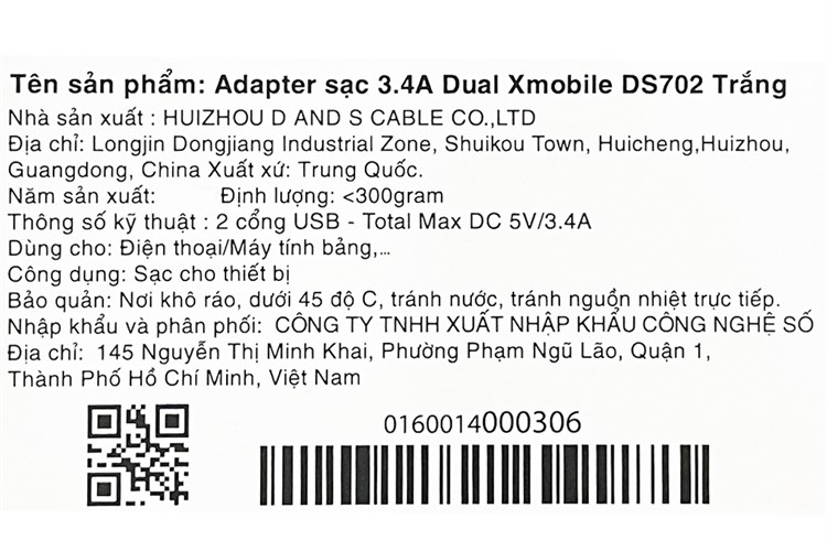Adapter sạc 2 cổng USB 12W Dual Xmobile DS702 Màu Trắng