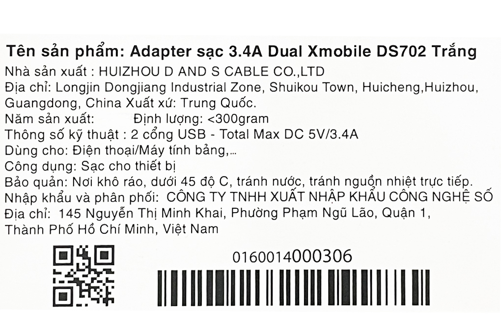 Adapter sạc 2 cổng USB 12W Dual Xmobile DS702 Trắng
