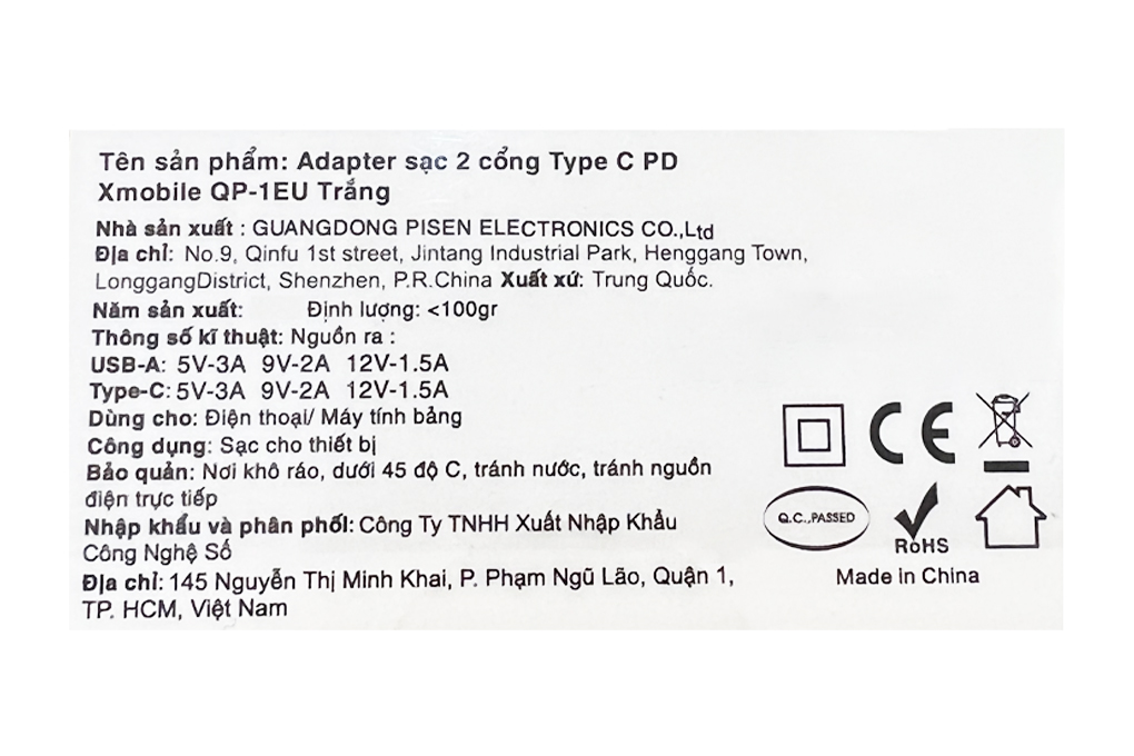 Adapter sạc 2 cổng Type C PD QC3.0 18W Xmobile QP-1EU Trắng