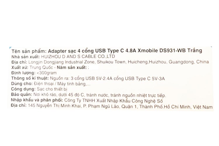 Adapter sạc 4 cổng USB Type C 15W Xmobile DS931-WB Màu Trắng