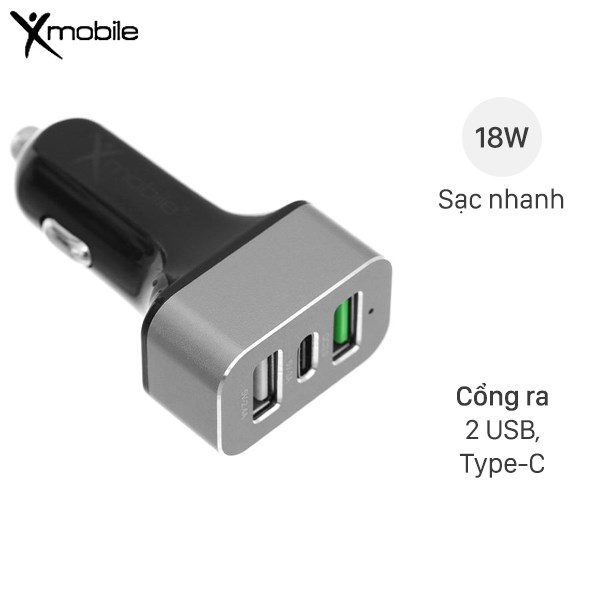 Sạc xe hơi 3 cổng Type C QC 3.0 18W Xmobile SN-155 Đen Xám