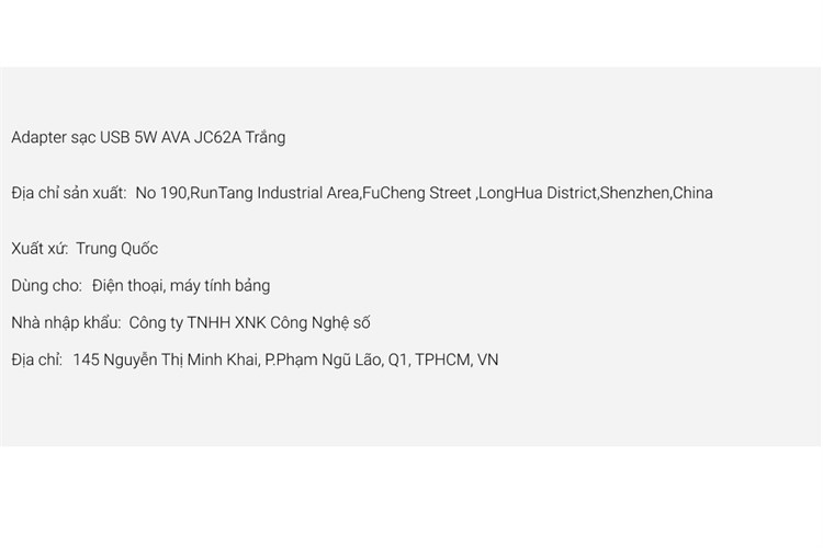 Adapter sạc USB 5W AVA JC62A Màu Trắng