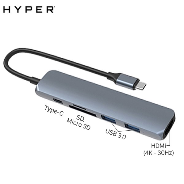 Adapter chuyển đổi Type C 6 in 1 HyperDrive HD22E Xám
