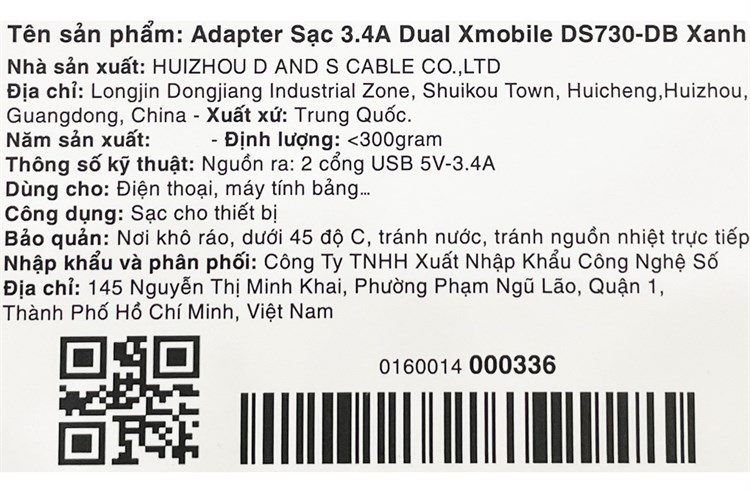 Adapter sạc 2 cổng USB 17W Dual Xmobile DS730-DB Màu Xanh Dương