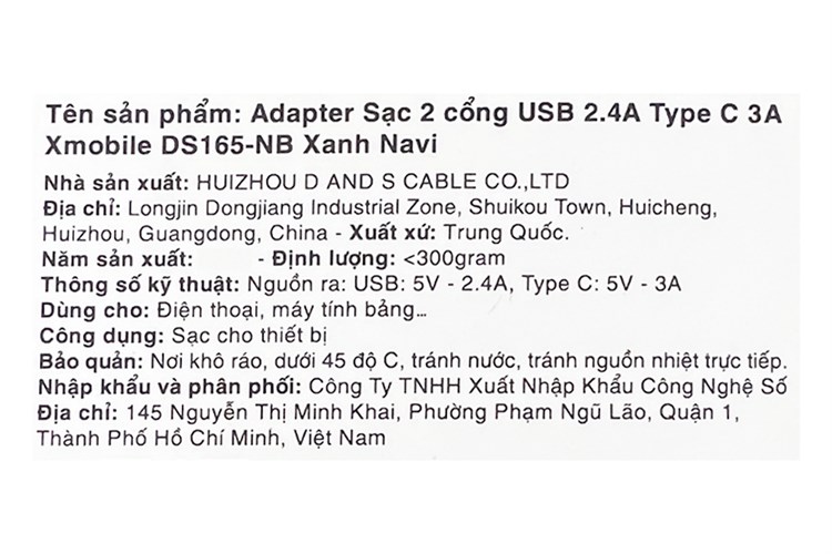 Adapter sạc 2 cổng USB Type C 15W Xmobile DS165-NB Màu Xanh Navy