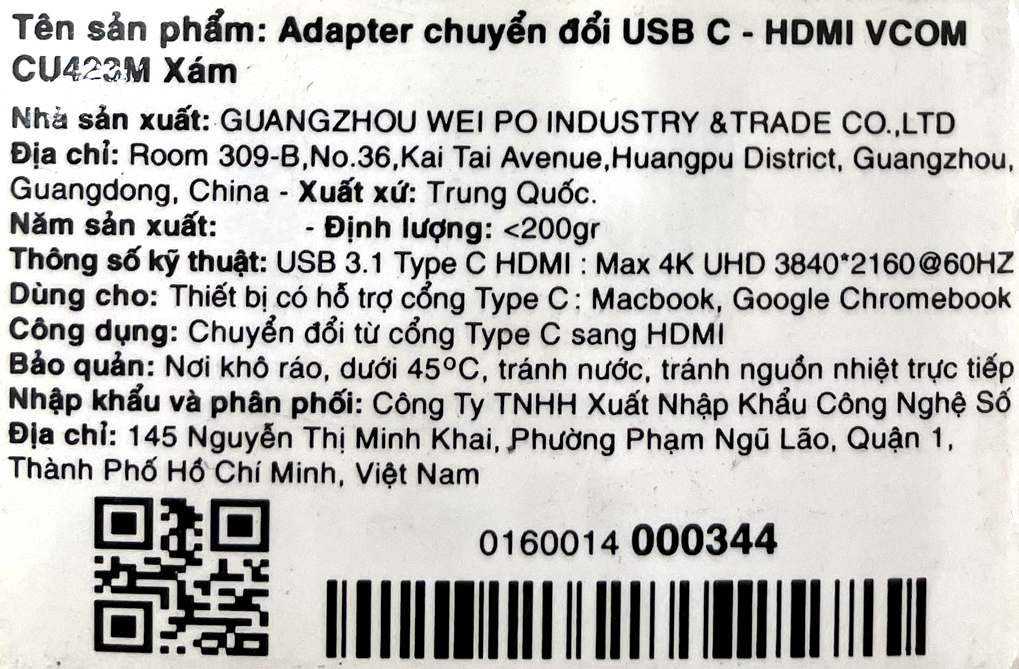 Adapter chuyển đổi Type C - HDMI VCOM CU423M Xám