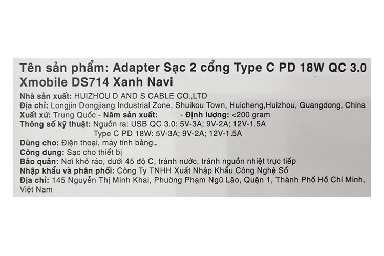 Adapter sạc 2 cổng Type C PD QC 3.0 18W Xmobile DS714 Màu Xanh Navy