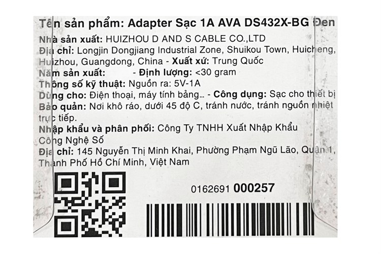 Adapter Sạc 1A AVA DS432X Màu Đen